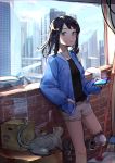  1girl absurdres amputee black_hair blue_jacket cat cellphone chromatic_aberration cityscape doll_joints green_eyes grey_cat hand_in_pocket highres jacket looking_at_viewer medium_hair mr.lime open_clothes open_jacket original phone prosthesis prosthetic_leg shorts smartphone solo 