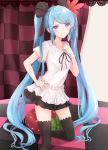  absurdres bed black_legwear black_ribbon black_skirt blue_eyes blue_hair checkered commentary curtains dress feathers feet_out_of_frame frilled_dress frills hair_feathers hair_ribbon hand_on_hip hand_on_own_chest hatsune_miku highres long_hair looking_at_viewer neck_ribbon one_knee red_feathers ribbon skirt smile strawberry_pillow supreme_(module) thighhighs twintails very_long_hair vocaloid white_dress world_is_mine_(vocaloid) yuzuaji zettai_ryouiki 