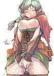  1girl areolae ass_visible_through_thighs belt belt_pouch braid breasts breasts_outside capelet closed_eyes clothed_masturbation commentary_request corset detached_sleeves elf fingering green_hair hair_rings hood hood_down hooded_capelet jelly_shrimp large_breasts long_hair masturbation nipples no_bra original panties panty_pull pointy_ears pouch pussy_juice red_capelet signature single_braid solo sweat thighs tunic tunic_lift underwear 