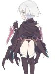  1girl :o ass bandaged_hands bandages bangs black_cloak black_gloves black_legwear black_panties blade_(galaxist) blush cloak commentary_request dagger dual_wielding eyebrows_visible_through_hair fate/apocrypha fate_(series) fingerless_gloves gloves green_eyes hair_between_eyes holding holding_dagger holding_weapon jack_the_ripper_(fate/apocrypha) looking_away looking_to_the_side panties parted_lips profile sheath sheathed short_hair silver_hair simple_background single_glove solo standing thighhighs underwear wardrobe_error weapon white_background 