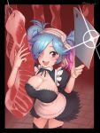  1girl absurdres blade_ride blue_hair breasts butcher_knife cleavage fire_emblem fire_emblem_fates food highres holding large_breasts maid meat multicolored_hair open_mouth peri_(fire_emblem) pink_hair red_eyes solo twintails 