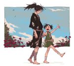  1boy 1girl arm_up bandaged_arm bandaged_leg bandages bandaid bandaid_on_face barefoot black_hair black_kimono blue_sky blush brown_eyes cloud cloudy_sky dororo_(character) dororo_(tezuka) edmhhhnh fingernails flower holding holding_hands hyakkimaru_(dororo) japanese_clothes kimono long_hair looking_at_another looking_down looking_up medium_hair ponytail sharp_teeth sky smile teeth tongue torn_clothes walking wind 