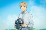  1boy alphonse_elric blonde_hair blue_sky chinese_commentary cloud cloudy_sky collared_shirt commentary_request day doya dress_shirt fingernails fullmetal_alchemist happy helmet highres holding holding_helmet horizon long_sleeves looking_away male_focus mountain mountainous_horizon open_collar outdoors shadow shirt sky smile upper_body white_shirt yellow_eyes 