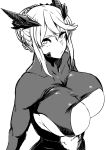  1girl artoria_pendragon_(all) artoria_pendragon_(lancer_alter) bangs bare_shoulders braid breasts cleavage dark_persona fate/grand_order fate_(series) greyscale hair_between_eyes highres horns large_breasts long_hair looking_at_viewer megao_3rd monochrome sidelocks solo underboob upper_body white_background 
