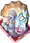  1girl alternate_costume azura_(fire_emblem) blue_hair bug butterfly eating fire_emblem fire_emblem_fates fire_emblem_heroes highres insect japanese_clothes kimono long_hair long_sleeves nakabayashi_zun sitting solo veil wide_sleeves yellow_eyes younger 