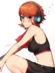  1girl armpits artist_name bangs bare_arms bare_shoulders black_shorts blush breasts closed_mouth commentary_request eyebrows_visible_through_hair from_side headphones highres ichigai_(hayawossan) looking_at_viewer looking_to_the_side medium_breasts persona persona_3 red_eyes red_hair short_hair shorts sideboob smile solo sports_bra squatting sweat sweatband takeba_yukari towel towel_around_neck wet 