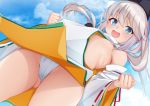  1girl ass_visible_through_thighs blue_eyes blue_sky blush breasts clenched_hand day detached_sleeves dutch_angle eyebrows_visible_through_hair from_below fundoshi hat japanese_clothes kariginu long_hair looking_at_viewer mononobe_no_futo nipples open_mouth paburisiyasu pom_pom_(clothes) ribbon-trimmed_sleeves ribbon_trim silver_hair sky small_breasts smile solo tate_eboshi touhou wide_sleeves 