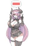  1girl asymmetrical_gloves belt black_gloves blue_eyes braid breasts cleavage cleavage_cutout commentary demon_horns draph dress english_commentary eu03 fang gloves granblue_fantasy granblue_fantasy_versus hair_ornament hair_over_one_eye horns huge_breasts index_fingers_raised lavender_hair long_hair loose_belt microdress narmaya_(granblue_fantasy) pointy_ears single_braid single_thighhigh skin_fang skindentation solo speech_bubble standing thigh_strap thighhighs very_long_hair 