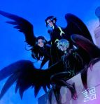  1girl 2boys bird_wings birdmen black_hair black_wings blue_sky closed_mouth frown hair_over_one_eye highres long_hair multiple_boys outdoors red_eyes rooftop signature sitting sky smile standing talons turtleneck white_hair wings yellowbirdlab 