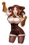  1girl :d absurdres arm_up barbariank bell breasts brown_eyes brown_gloves brown_hair brown_legwear capelet commentary cowboy_shot cropped_legs daetta_(granblue_fantasy) draph english_commentary eyebrows_visible_through_hair fang fur-trimmed_capelet fur-trimmed_gloves fur_trim gloves granblue_fantasy highres horns large_breasts long_hair looking_at_viewer open_mouth pantyhose pointy_ears simple_background smile solo underbust v-shaped_eyebrows white_background 