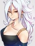  1girl alternate_costume android_21 breasts cleavage closed_mouth collarbone dragon_ball dragon_ball_fighterz earrings grey_background hair_between_eyes hoop_earrings jewelry kemachiku long_hair looking_at_viewer majin_android_21 medium_breasts red_eyes simple_background solo upper_body white_hair 