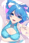  1girl absurdres artist_name blue_eyes blue_hair blush breasts china_dress chinese_clothes cleavage cleavage_cutout commentary dress hair_rings highres kaku_seiga kappa_mame looking_at_viewer nail_polish open_mouth short_hair signature simple_background solo touhou 