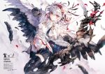  1boy bangs belt bird black_legwear black_shorts bow capelet facial_mark feathers gloves hair_between_eyes headband highres holding holding_weapon male_focus original ozadomi red_eyes secretarybird shirt shorts solo thighhighs weapon white_hair white_shirt wings 