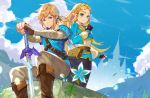  1boy 1girl ass bashikou blonde_hair blue_eyes breasts closed_mouth earrings gloves green_eyes hair_ornament highres jewelry link long_hair looking_at_viewer pointy_ears princess_zelda smile sword the_legend_of_zelda the_legend_of_zelda:_breath_of_the_wild weapon 