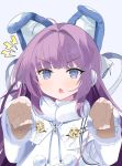  &gt;:o 1girl absurdres ahoge animal_ears azur_lane blue_background blue_eyes blush coat commentary_request eyebrows_visible_through_hair fake_animal_ears fang highres long_hair looking_at_viewer nochan_nel pom_pom_(clothes) purple_hair ribbed_sweater simple_background sleeves_past_wrists solo sweater tashkent_(azur_lane) upper_body white_coat 