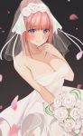  1girl blue_eyes blush bouquet breasts bridal_veil bride character_request cleavage closed_mouth copyright_request dress eyebrows_visible_through_hair flower frills hair_ornament happy_tears highres large_breasts long_hair looking_at_viewer smile solo tears uiri-na veil wedding_dress white_dress 