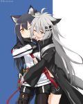  2girls absurdres animal_ear_fluff animal_ears arknights bangs black_gloves black_hair black_jacket black_legwear blue_background brown_eyes commentary_request eyebrows_visible_through_hair fang felutiahime fingerless_gloves gloves grey_eyes hair_between_eyes hair_ornament hairclip highres hug hug_from_behind jacket lappland_(arknights) long_hair long_sleeves multiple_girls pantyhose shorts silver_hair simple_background smile texas_(arknights) two-tone_background very_long_hair white_background white_jacket wolf_ears 