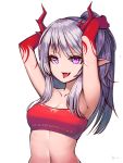  1girl :d absurdres arknights armpits arms_up bandeau bangs bare_arms bare_shoulders breasts collarbone commentary eyebrows_visible_through_hair gozas99 half_updo highres horns long_hair medium_breasts midriff navel nian_(arknights) open_mouth pointy_ears purple_eyes silver_hair simple_background smile solo stomach strapless tongue tongue_out tubetop upper_body white_background 