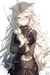  1girl animal_ears artist_name braid chain cloud collar flower glasses gothic highres holding holding_hair long_hair looking_at_viewer oomori_(kswmr) open_mouth original signature simple_background solo white_background 