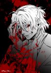  1boy antonio_salieri_(fate/grand_order) arm_up blood blood_on_face bloody_clothes bloody_hands fate/grand_order fate_(series) gloves long_sleeves looking_at_viewer male_focus meiji_ken monochrome red_eyes short_hair smile smirk solo teeth upper_body 