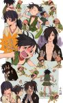  !? 2boys 2girls arms_up bandaged_arm bandaged_leg bandages black_hair black_kimono blush blush_stickers brown_eyes closed_eyes closed_mouth collarbone cucumber dororo_(character) dororo_(tezuka) edmhhhnh flower grass hair_over_one_eye hands_on_own_face hug hyakkimaru_(dororo) japanese_clothes kimono long_hair medium_hair multiple_boys multiple_girls open_eyes open_mouth parted_lips ponytail sharp_teeth sweat sweatdrop teeth thinking torn_clothes yellow_flower 