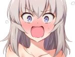  1girl bangs bare_shoulders blue_eyes blush commentary embarrassed eyebrows_visible_through_hair frown girls_und_panzer itsumi_erika looking_at_viewer medium_hair nagomiya_(shousha) open_mouth portrait silver_hair simple_background solo sweatdrop white_background 