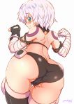  1girl absurdres arm_belt ass bandaged_arm bandages black_legwear black_panties cameltoe facial_scar fate/apocrypha fate_(series) from_behind full_body gloves green_eyes highres huge_filesize jack_the_ripper_(fate/apocrypha) looking_at_viewer looking_back ooba_jun panties scar scar_across_eye scar_on_cheek shiny shiny_hair short_hair shoulder_tattoo simple_background single_glove solo tattoo thighhighs underwear white_hair 