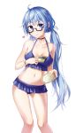  1girl absurdres ahoge bangs bare_shoulders bikini bikini_skirt blue_bikini blue_bikini_bottom blue_hair breasts collarbone commentary_request copyright_request cup eyebrows_visible_through_hair highres holding holding_cup large_breasts long_hair nankam simple_background solo swimsuit twintails white_background 