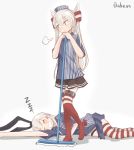  2girls ahenn amatsukaze_(kantai_collection) black_skirt blonde_hair blue_shirt blue_skirt blush brown_eyes closed_eyes employee_uniform hair_tubes kantai_collection lawson long_hair mop multiple_girls open_mouth pleated_skirt red_legwear shimakaze_(kantai_collection) shirt short_sleeves silver_hair skirt sleeping striped striped_legwear striped_shirt thighhighs twitter_username two_side_up uniform vertical-striped_shirt vertical_stripes windsock zzz 