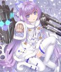 1girl azur_lane bangs blue_bow blue_eyes blush boots bow brown_sweater commentary_request dress eyebrows_visible_through_hair fur-trimmed_dress fur-trimmed_sleeves fur_trim glowing glowing_eyes hair_between_eyes long_hair long_sleeves looking_at_viewer one_knee parted_lips purple_hair sleeves_past_fingers sleeves_past_wrists snowing solo sweater tashkent_(azur_lane) thigh_boots thighhighs tsukino_neru very_long_hair white_dress white_footwear white_legwear wide_sleeves 