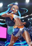  1girl action autism_wanderer belly_chain black_hair blue_eyes blue_gloves blue_hair blue_shorts blurry blurry_background closed_mouth commentary dark_skin depth_of_field earrings gloves gym_leader hair_bun hair_pulled_back highres holding holding_poke_ball hoop_earrings jewelry long_hair looking_to_the_side multicolored_hair navel necklace poke_ball poke_ball_(generic) pokemon pokemon_(game) pokemon_swsh rurina_(pokemon) shirt shorts single_glove smile solo sportswear standing swimsuit tankini two-tone_hair white_shirt wristband 