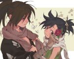  1boy 1girl animal bandaged_arm bandages black_hair black_kimono blush brown_eyes brown_hair brown_scarf bug butterfly closed_mouth dororo_(character) dororo_(tezuka) edmhhhnh fingernails flower green_flower hair_flower hair_ornament hyakkimaru_(dororo) insect japanese_clothes kimono long_hair medium_hair ponytail red_eyes red_flower scarf smile torn_clothes upper_body white_butterfly white_flower white_scarf 