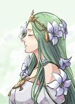  1girl closed_eyes fire_emblem fire_emblem:_three_houses flower green_hair hair_flower hair_ornament kokomi_(aniesuakkaman) long_hair parted_lips rhea_(fire_emblem) simple_background solo tiara upper_body 