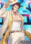  1boy abs alternate_costume bara beard belt blue_eyes brown_hair chest facial_hair fate/grand_order fate_(series) hand_in_pocket hat kienbiu long_sleeves looking_at_viewer male_focus muscle napoleon_bonaparte_(fate/grand_order) one_eye_closed open_clothes pants pectorals scar scarf smile solo 