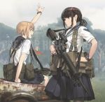  2girls arms_up assault_rifle bangs black_legwear black_ribbon black_skirt blonde_hair blurry blurry_background brown_eyes brown_hair car closed_mouth cloud cloudy_sky commentary day depth_of_field emblem english_text eyebrows_visible_through_hair green_eyes grey_sky ground_vehicle gun hair_ribbon hand_on_hip harness holding holding_gun holding_weapon long_hair miniskirt motor_vehicle multiple_girls neckerchief open_mouth original outdoors pantyhose pleated_skirt ponytail pouch ribbon rifle school_uniform scope serafuku short_hair short_sleeves sidelocks sitting skirt sky smile standing tactical_clothes tantu_(tc1995) tree trigger_discipline watch weapon white_neckwear wristwatch 