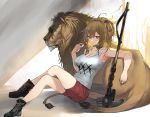  1girl animal_ears arknights armpits bangs bare_arms bare_shoulders black_footwear boots breasts brown_eyes brown_hair candy cleavage commentary_request crossed_legs food hammer hand_up highres holding holding_food large_breasts lion lion_ears lion_tail lollipop long_hair looking_at_viewer red_shorts shorts siege_(arknights) sitting tail tank_top thighs uleuleuleu white_tank_top 