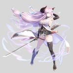  1girl arm_up asymmetrical_footwear bangs belt blue_eyes boots braid breasts draph fingerless_gloves full_body gloves granblue_fantasy grey_background hair_ornament hair_over_one_eye hairclip holding holding_sword holding_weapon horns katana large_breasts long_hair looking_away low-tied_long_hair narmaya_(granblue_fantasy) parted_lips pink_hair pointy_ears sheath shiny shiny_hair shiny_skin simple_background standing sword thigh_boots thigh_strap thighhighs tied_hair vanety weapon 