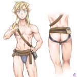  1boy abs artist_logo ass banana belt blonde_hair blue_eyes bulge chest closed_mouth collarbone eating food fruit hand_on_hip hand_up holding holding_food holding_fruit link male_focus monbetsu_kuniharu navel nipples pointy_ears pouch sheikah_slate shirtless sidelocks solo standing stomach the_legend_of_zelda the_legend_of_zelda:_breath_of_the_wild toned toned_male 