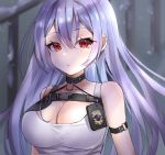  1girl azur_lane bare_shoulders breasts cleavage eyebrows_visible_through_hair hair_between_eyes highres hono75874007 large_breasts long_hair looking_at_viewer mole mole_under_eye red_eyes shirt silver_hair solo sovetskaya_rossiya_(azur_lane) sovetskaya_rossiya_(the_lackadaisical_lookout)_(azur_lane) very_long_hair 