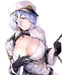  1girl azur_lane bangs black_gloves blue_eyes blue_hair blush breasts chain chapayev_(azur_lane) cleavage closed_mouth collarbone eyebrows_visible_through_hair gloves hair_ornament hairclip hana09487817 hat head_tilt holding_chain jacket large_breasts long_sleeves looking_at_viewer military_hat mole mole_on_breast one_eye_closed peaked_cap short_hair simple_background smile solo white_background white_headwear white_jacket 
