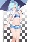  1girl :d belt blue_eyes blue_hair blue_shorts breasts checkered checkered_background choker collarbone commentary_request crop_top elliot_leucosia hand_up head_fins highres holding holding_umbrella jacket looking_at_viewer midriff navel open_clothes open_jacket open_mouth original race_queen short_hair short_shorts short_sleeves shorts small_breasts smile solo standing stomach takunomi thighs umbrella webbed_hands white_jacket 