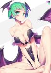  1girl :o alternate_hair_length alternate_hairstyle bangs bare_legs bare_shoulders barefoot bat_wings bob_cut boots breasts bridal_gauntlets cleavage closed_mouth commentary demon_girl elbow_gloves gloves green_eyes green_hair head_wings heart_cutout hong_(white_spider) indian_style large_breasts leotard morrigan_aensland short_hair sitting solo succubus vampire_(game) wings 