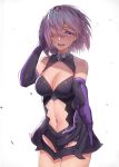  1girl absurdres bangs bare_shoulders black_gloves breasts cleavage commentary_request fate/grand_order fate_(series) gloves hair_over_one_eye highres jmao large_breasts lavender_hair looking_at_viewer mash_kyrielight navel open_mouth purple_eyes purple_gloves purple_hair short_hair simple_background smile solo white_background 