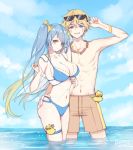  1boy 1girl amiemie arm_up bikini blonde_hair blue_bikini blue_eyes blue_hair blue_sky blush bow braco closed_mouth cloud cloudy_sky collarbone dated earrings eyebrows_visible_through_hair eyewear_on_head ezreal facial_mark fingernails flower flower_necklace gradient gradient_hair hair_between_eyes hair_bow highres holding jewelry league_of_legends male_swimwear multicolored multicolored_hair navel necklace ocean parted_lips partially_submerged red_flower rubber_duck signature sky smile sona_buvelle sparkle standing sunglasses swim_trunks swimsuit swimwear thigh_strap twintails water wet yellow_bow yellow_eyes yellow_flower 