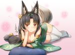  1girl alternate_breast_size animal_ears azur_lane bare_shoulders bell black_hair blush bow breasts cleavage commentary_request downblouse eyebrows_visible_through_hair fox_ears hair_ornament iroia japanese_clothes kimono long_hair red_eyes ribbon smile solo yuubari_(azur_lane) 