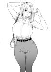  1girl arms_up bag bangs_pinned_back belt black_belt bracelet breasts casual closed_mouth collared_shirt curvy english_commentary folded_hair glasses greyscale hair_pulled_back hand_behind_head handbag highres inne_sulistya_robin jewelry large_breasts looking_at_viewer monochrome norman_maggot original pants shirt short_sleeves standing white_shirt 