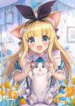 1girl :3 :d akabane_(zebrasmise) animal animal_ear_fluff animal_ears apron bangs black_ribbon blonde_hair blue_dress blurry blurry_foreground blush bottle cat cat_ears collared_dress commentary_request cup depth_of_field dress drinking_glass eyebrows_visible_through_hair fake_animal_ears flower frilled_apron frills green_eyes hair_ribbon highres holding holding_animal indoors lamp long_hair mononobe_alice nijisanji open_mouth orange_flower pennant photo_(object) puffy_short_sleeves puffy_sleeves ribbon short_sleeves smile solo string_of_flags very_long_hair virtual_youtuber water whiskers white_apron 