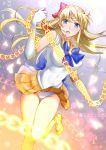  1girl :o absurdres aino_minako back_bow bishoujo_senshi_sailor_moon blonde_hair blue_bow blue_eyes bow brooch choker circlet cowboy_shot elbow_gloves gloves gradient gradient_background grey_background hair_bow heart highres hikaru_(gevp7588) jewelry leotard long_hair looking_at_viewer magical_girl miniskirt open_mouth orange_footwear orange_neckwear orange_sailor_collar orange_skirt pleated_skirt red_bow sailor_collar sailor_senshi_uniform sailor_venus serious shoes skirt skirt_flip solo standing standing_on_one_leg venus_love_me_chain white_background white_gloves white_leotard 