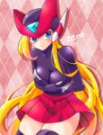  1girl android blonde_hair blue_eyes blush bodystocking breasts cleavage closed_mouth genderswap genderswap_(mtf) gloves helmet highres long_hair looking_at_viewer midnight_bliss rockman rockman_x rockman_zero skirt solo thighhighs very_long_hair zero_(rockman) 