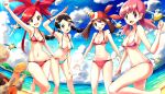  4girls :d ;d akane_(pokemon) arm_up armpits ass asuna_(pokemon) bandana bangs bare_shoulders barefoot beach bikini black_hair blue_bikini blue_sky breasts brown_hair cleavage clenched_hands cloud collarbone cowboy_shot day eyebrows_behind_hair eyebrows_visible_through_hair fisheye flying gen_3_pokemon grey_hair groin gym_leader hair_between_eyes hair_ornament hair_strand hairclip hand_on_own_thigh haruka_(pokemon) highres horizon island large_breasts leaning_forward looking_at_viewer low_twintails midriff multi-tied_hair multiple_girls navel ocean one_eye_closed open_mouth outdoors pelipper pink_bikini pink_eyes pink_hair pokemon pokemon_(creature) pokemon_(game) pokemon_gsc pokemon_rse red_bandana red_bikini red_hair rowdon sand sidelocks sky small_breasts smile standing standing_on_one_leg steam sunlight suzuna_(pokemon) swept_bangs swimsuit tied_hair torkoal twintails upper_teeth wingull yellow_eyes 